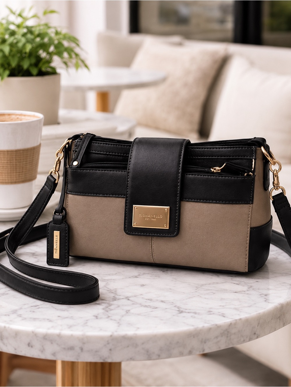 Tignanello Black Taupe Leather Shoulder Bag Gold Hardware Structured Crossbody